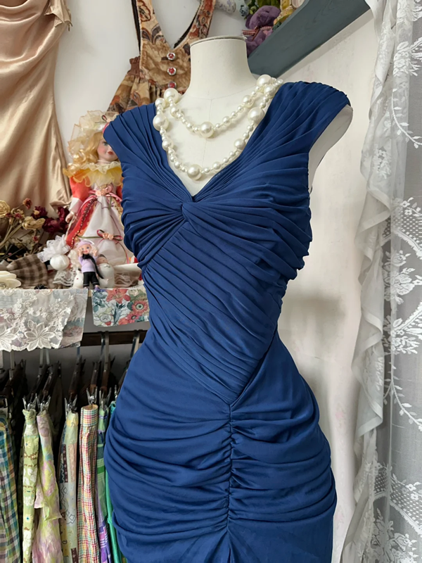 Blue fitted, pleated, bodycon long ball gown R6330