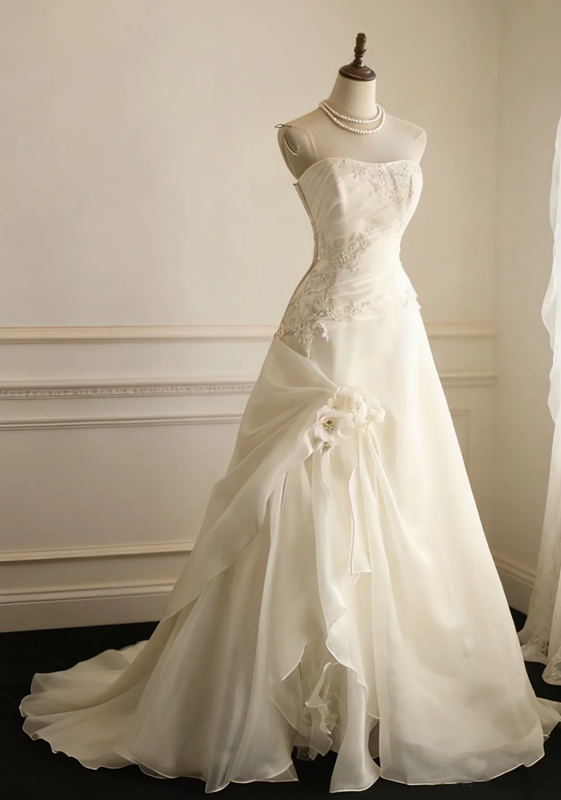 White strapless, fitted A-line long ball gown/bridal dress R6730