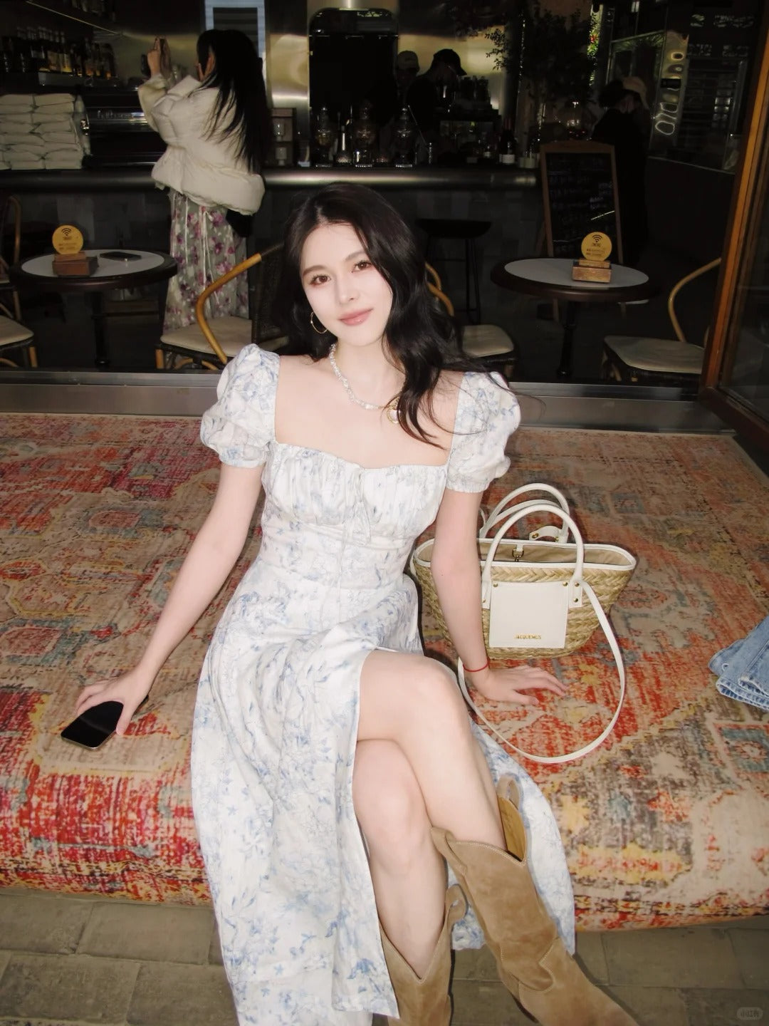 Blue Floral Square Neck Puff Sleeve Midi Dress R9121
