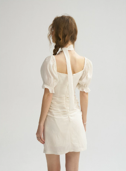 Cream White Square Neck Mini Dress Women With Puff Sleeves And Choker Tie R9453