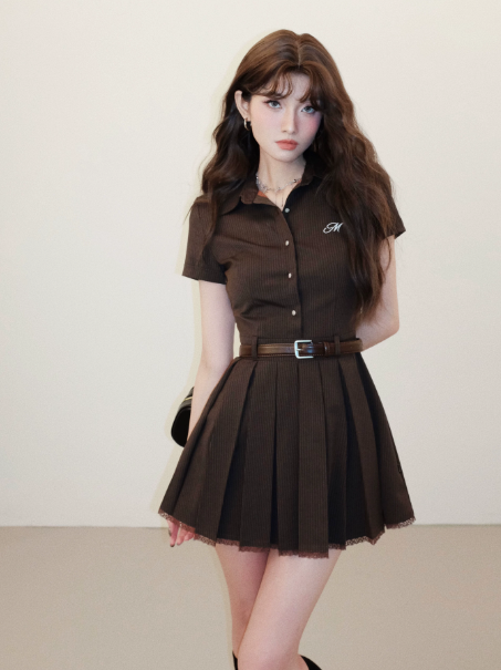 Arrival Preppy Style Brown Striped Shirt Dress with Belt and Pleated Skirt R9373