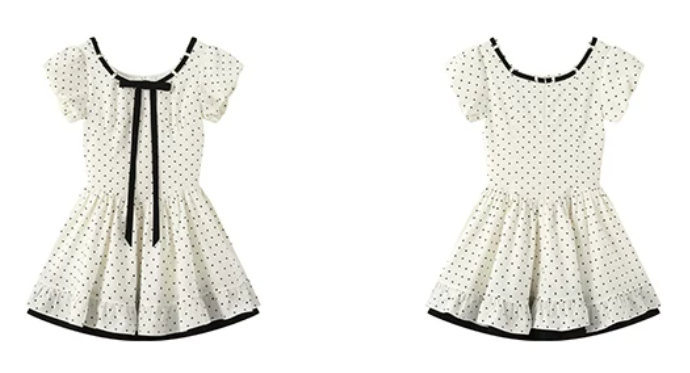 White Polka Dot Mini Dress with Black Bow and Puff Sleeves R9213
