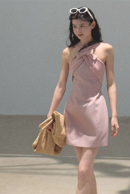 Pink Halter Neck Bow Detail Mini Dress Women Sleeveless Bodycon Dress R9364