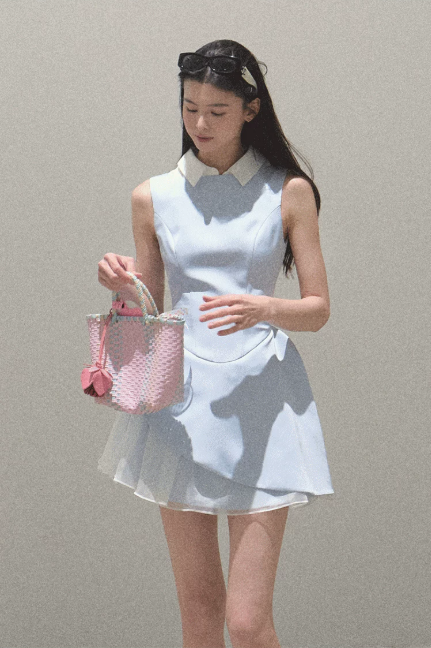 Light Blue Sleeveless Collared Mini Dress Women Tulle Layered Flare Dress R9359