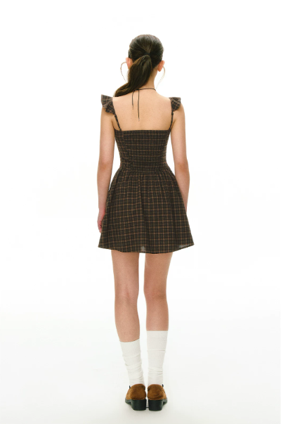 Brown Plaid Ruffle Strap Mini Dress Women Summer High Waist A Line Dress R9392