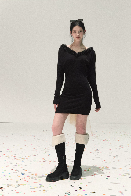 Black V-Neck Long Sleeve Mini Dress with 3D Floral Trim and Large Tulle Bow at Back R9370
