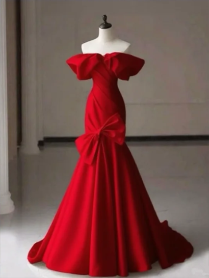 Red off-the-shoulder satin fitted waist slimming hip-hugging sexy long ball gown R6450