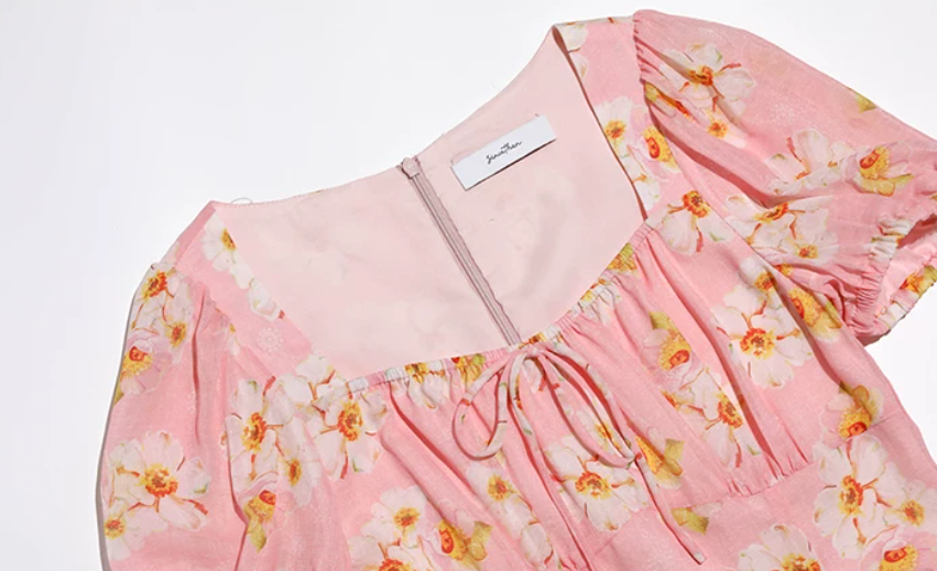 Pink Floral Print Mini Dress Women With Puff Sleeves And Square Neck R9481