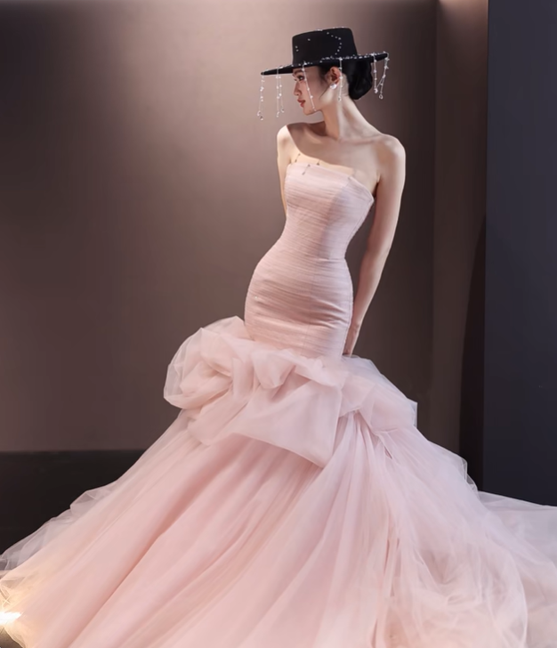 Light pink tube top waist slim hip fishtail sexy long dress ball gown, bridal gown R6031