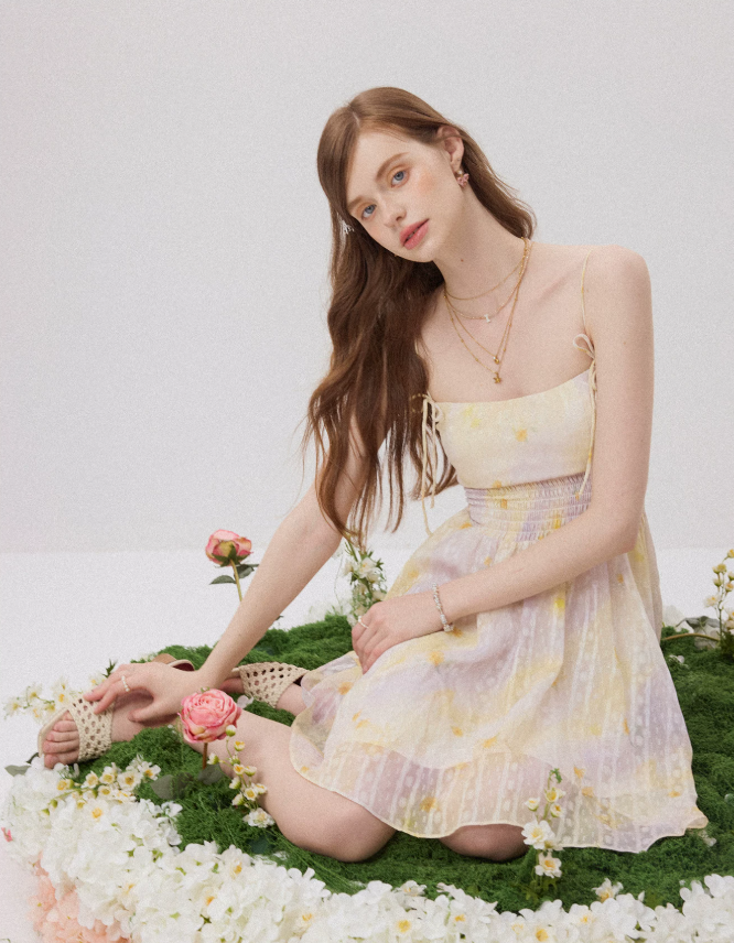 Pastel Yellow Floral Print Cami Mini Dress Women With Smocked Waist And Tie Straps R9491