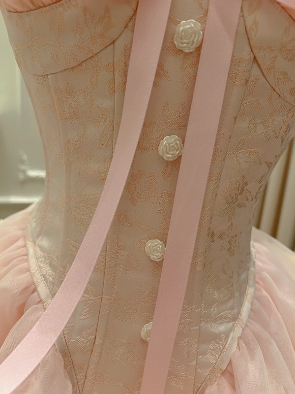 Pink suspender waist puff cake skirt homecoming dress R5039