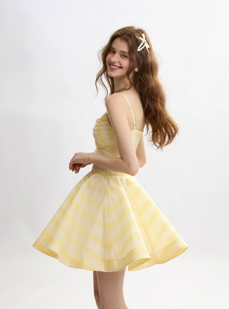 Yellow Striped Cami Dress Women With Ruched Bust And A-Line Mini Skirt R9455