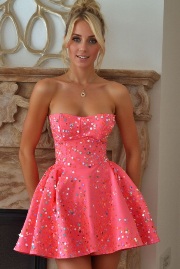 Sequins Strapless Cute Women's Homecoming Dress Barbie Pink Corset Short Prom Dress Party Dress RS2593