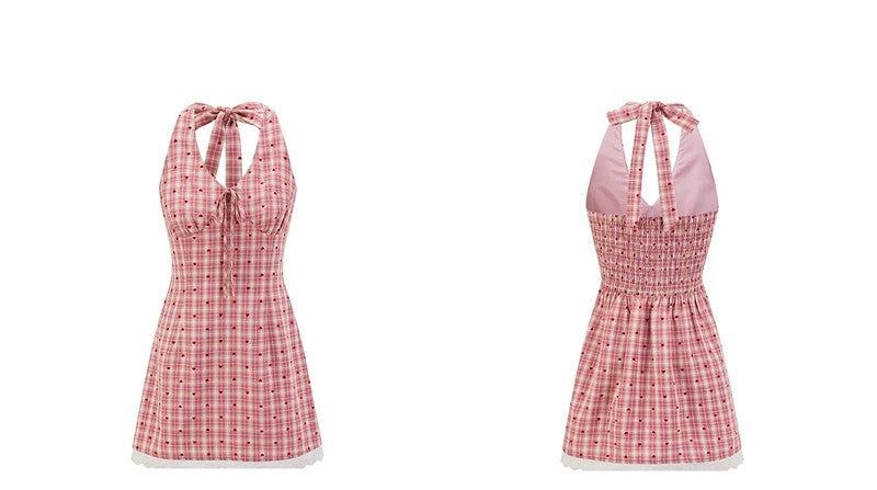Retro Pink Gingham Halter Mini Dress with Heart Detail R9173