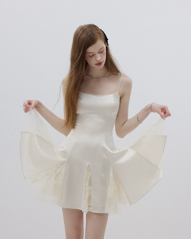 Cream White Satin Slip Mini Dress Women With Lace Inset Flounce Hem R9470