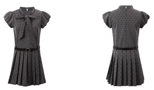 Polka Dot Dress with Detachable Belt, Neck Bow and Back Zipper R9219