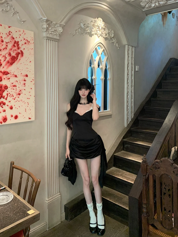 Black suspender satin pleated waist hip skirt homecoming dress R5078