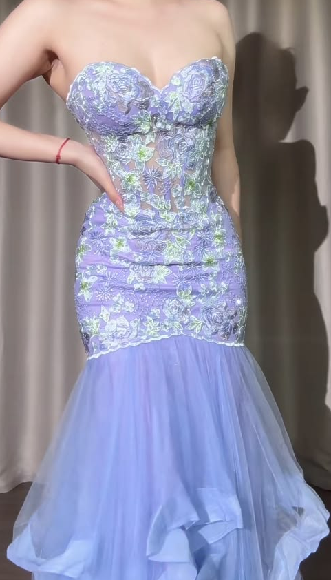 Dreamy Tulle Floral Prom Gown Lavender Women's Maxi Evening Dress Birthday Dress RS2772