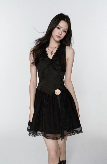 Black Satin Corset Mini Dress Women With Lace Trim And Bow Detail R9432