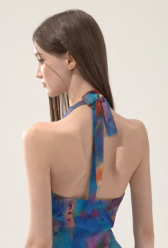 Tie-Dye Halter Neck Mini Dress With Ruffle Trim And Asymmetric Hem R9288