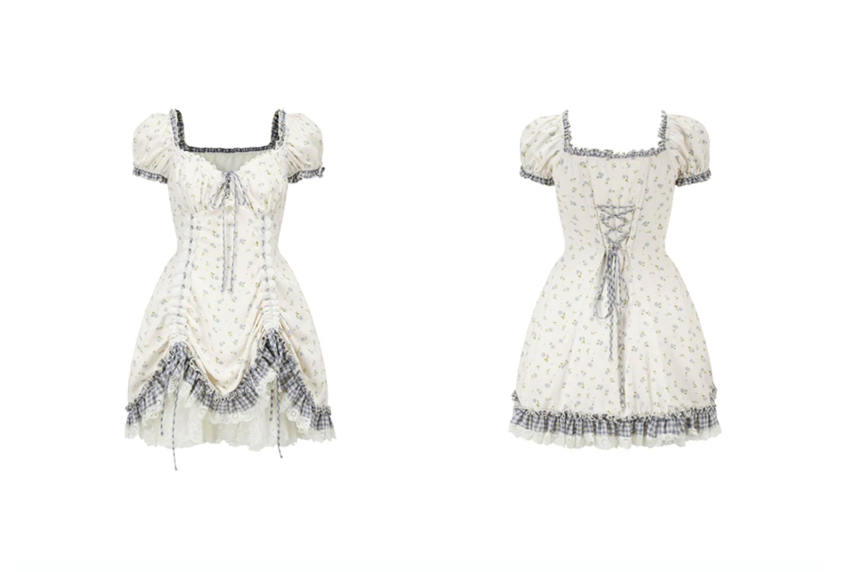 Vintage Lolita A-Line Mini Dress Sweetheart Neck Lace Trim Floral Print Cotton R9191