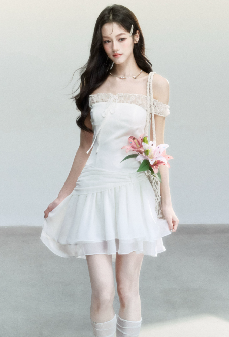 White Off The Shoulder Mini Dress Women With Lace Trim And Ruched Waist R9429