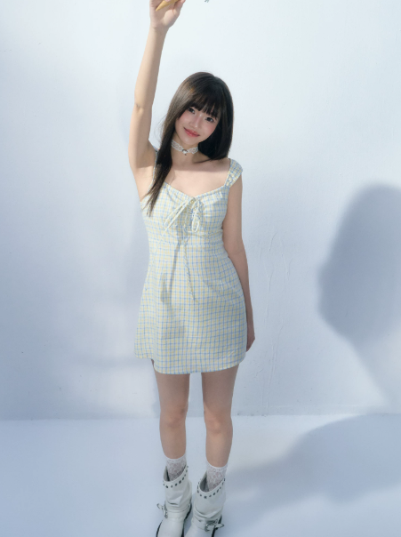 Fresh Style Yellow Blue Plaid Tie Front Dress Women Summer Slim Fit Flare Dress R9352