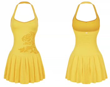 Yellow Halter Neck Mini Dress With Rose Embroidery And Pleated Skirt R9284