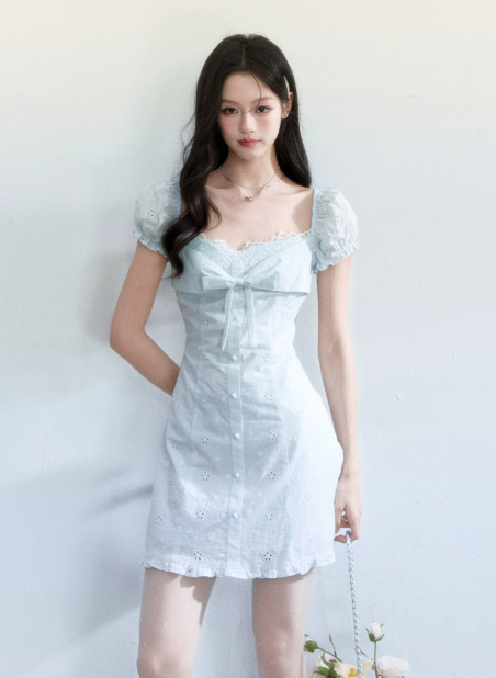 Light Blue Eyelet Embroidery Mini Dress Women With Lace Trim And Bow Detail R9405