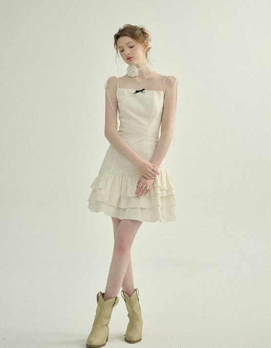 Cream White Tiered Ruffle Mini Dress Women With Tie Straps And Bow Detail R9487