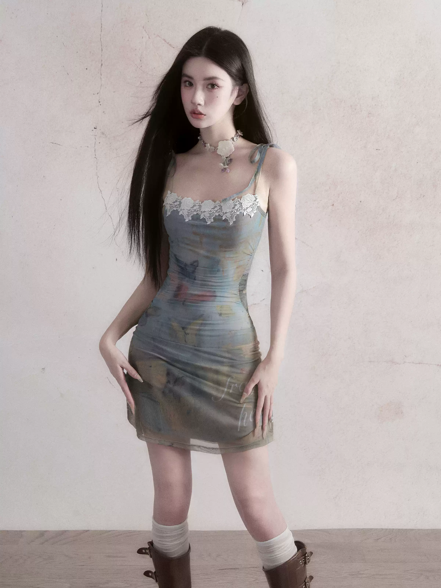 Oil Painting Print Mesh Cami Mini Dress Women With Lace Trim And Tie Straps R9417