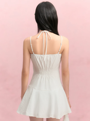 White Halter Mini Dress with Lace V-Neck, Beaded Straps, Smocked Back and Flared Skirt R9254