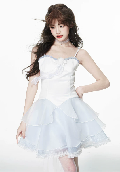 Sweet Style White and Light Blue Dress with Corset Top, Tiered Lace Skirt and Spaghetti Straps R9274