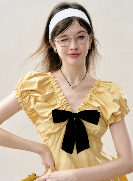 2026 Summer Yellow Puff Sleeve Dress Women, Coquette Black Bow V-Neck A-Line Mini Dress R9324