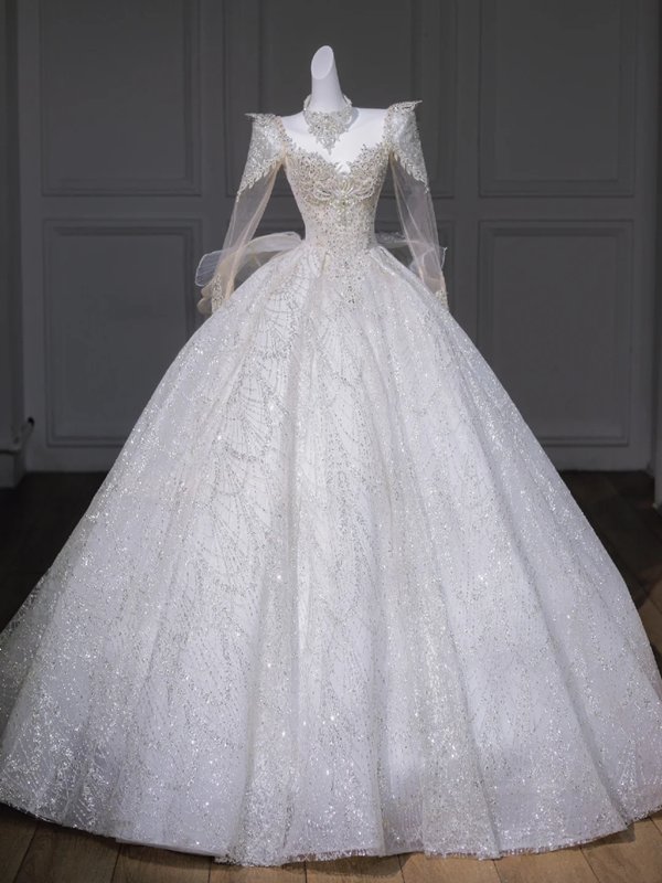 White diamond long sleeve slim waist puffy skirt long dress bridal gown R5814