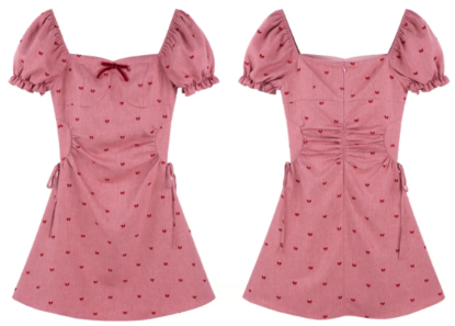 Sweet Dusty Pink Ruched Mini Dress, Women's Puff Sleeve Sweetheart Neck with Bow Detail Dress R9334