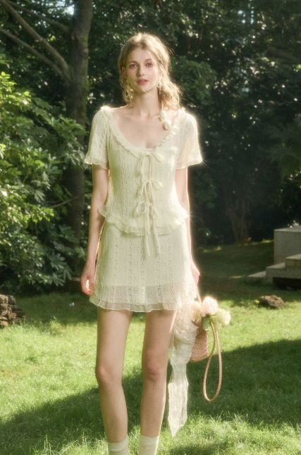Boho White Lace Mini Dress with Tiered Ruffles, Sheer Layers and Tie-Front Design R9263