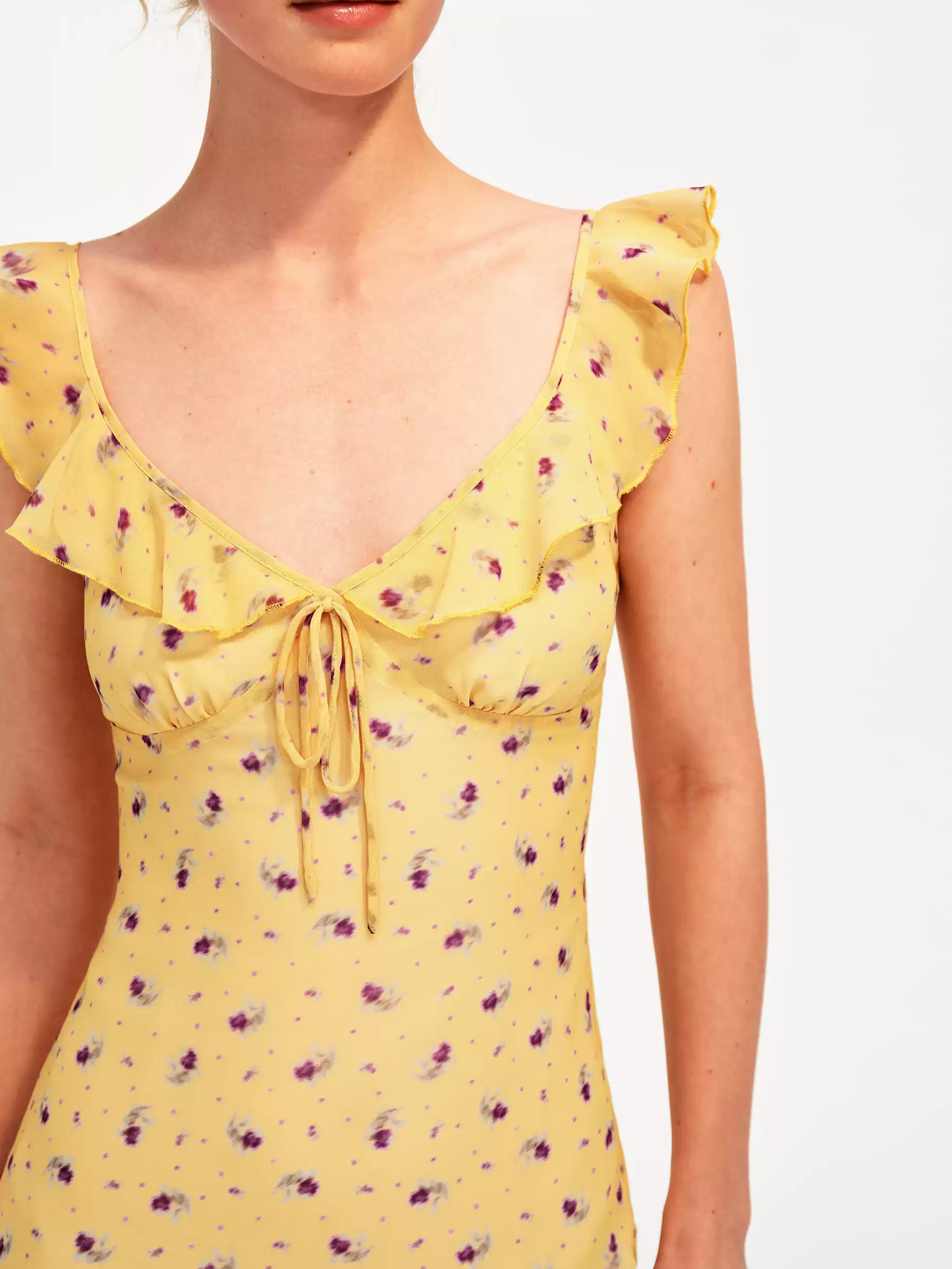 Yellow Floral Ruffle Cami Mini Dress With Bow Detail And Bodycon Fit R9290