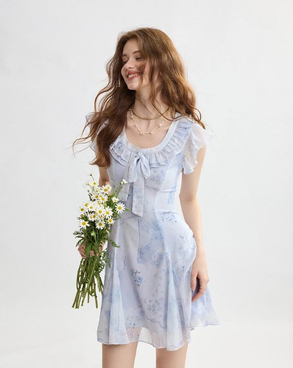 Light Blue Floral Print Mini Dress Women With Ruffle Trim And Bow Detail R9468
