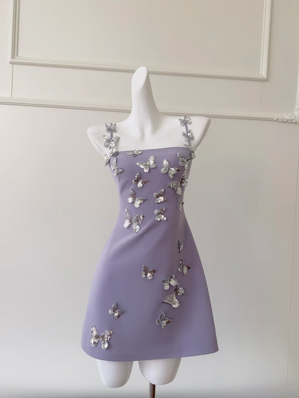 Purple suspender three-dimensional butterfly waist slim skirt homecoming dress R5220
