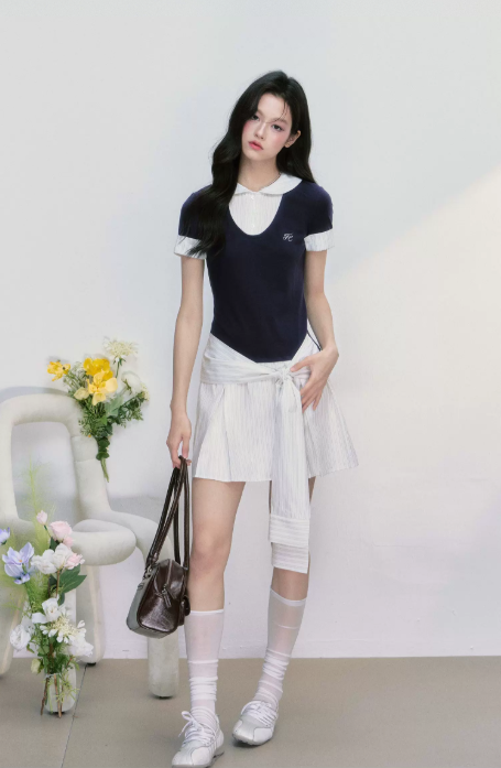 Preppy Style Faux Two Piece Mini Dress Women With Peter Pan Collar And Knotted Waist R9425