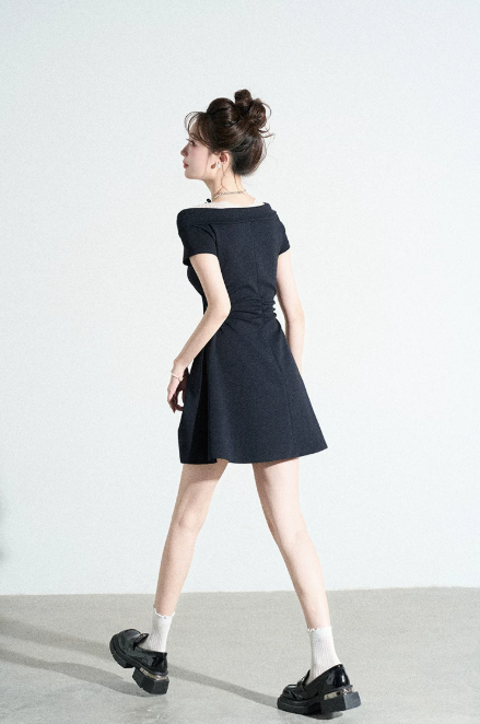 Classic Black Off-Shoulder A-Line Dress, Women's Short Sleeve with Lace Trim and Bow Neck Mini Dress R9332