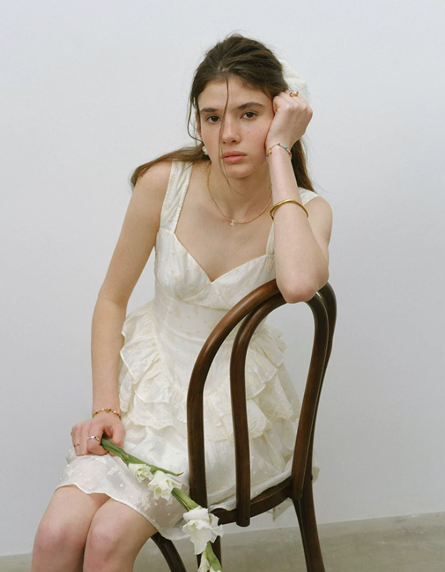 Cream White Tiered Ruffle Mini Dress Women With Sweetheart Neckline R9480