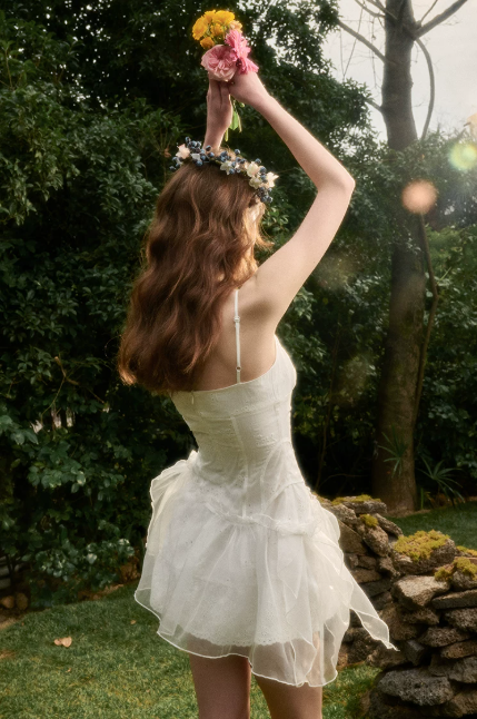 White Corset-Style Mini Dress with Lace-Up Front, Tulle Ruffle Skirt, and Thin Spaghetti Straps R9257