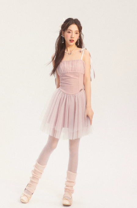 Ethereal Pink Corset Cami Dress With Layered Tulle Skirt, Bow Ties And Ruched Bust R9300