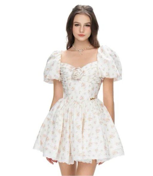 White background puff sleeves floral waist wide skirt short skirt homecoming dress R4796