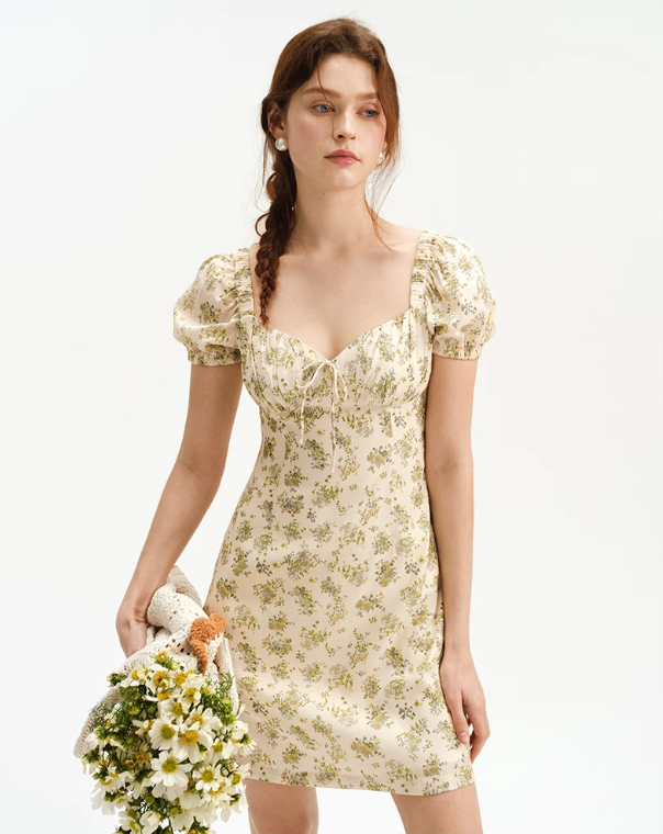 Beige Floral Print Mini Dress Women With Puff Sleeves And Square Neck R9467