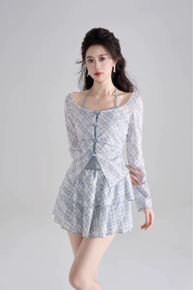 Fresh Blue Plaid 3-Piece Outfit, Women's Long Sleeve Bow Detail Top with Cami and Mini Skirt R9338