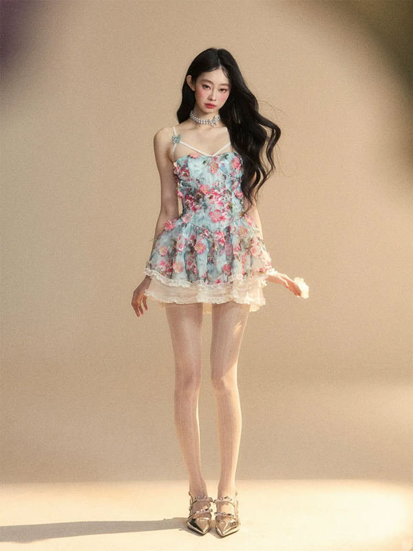 Blue suspenders pink flowers waist A-line mini skirt homecoming dress R5260
