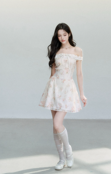 Floral Print Off The Shoulder Mini Dress Women With Lace Trim And Bow Detail R9410